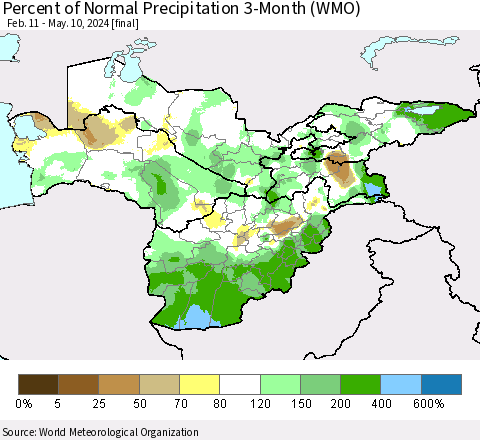 Central Asia Percent of Normal Precipitation 3-Month (WMO) Thematic Map For 2/11/2024 - 5/10/2024