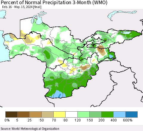 Central Asia Percent of Normal Precipitation 3-Month (WMO) Thematic Map For 2/16/2024 - 5/15/2024