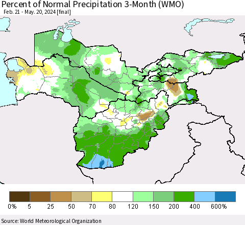 Central Asia Percent of Normal Precipitation 3-Month (WMO) Thematic Map For 2/21/2024 - 5/20/2024