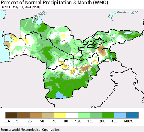 Central Asia Percent of Normal Precipitation 3-Month (WMO) Thematic Map For 3/1/2024 - 5/31/2024