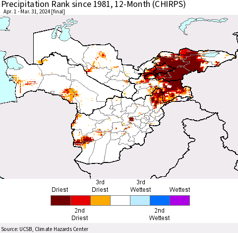 Central Asia Precipitation Rank since 1981, 12-Month (CHIRPS) Thematic Map For 4/1/2023 - 3/31/2024