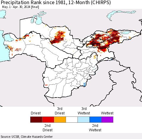 Central Asia Precipitation Rank since 1981, 12-Month (CHIRPS) Thematic Map For 5/1/2023 - 4/30/2024