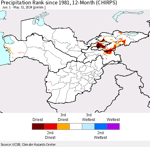 Central Asia Precipitation Rank since 1981, 12-Month (CHIRPS) Thematic Map For 6/1/2023 - 5/31/2024