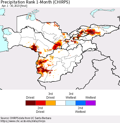 Central Asia Precipitation Rank since 1981, 1-Month (CHIRPS) Thematic Map For 4/1/2023 - 4/30/2023