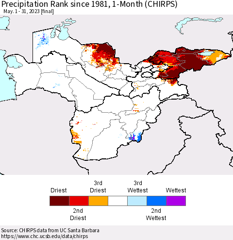 Central Asia Precipitation Rank since 1981, 1-Month (CHIRPS) Thematic Map For 5/1/2023 - 5/31/2023