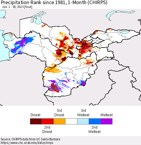 Central Asia Precipitation Rank since 1981, 1-Month (CHIRPS) Thematic Map For 6/1/2023 - 6/30/2023