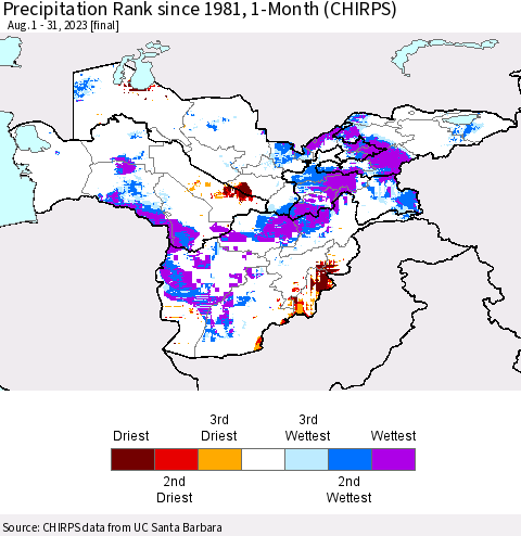Central Asia Precipitation Rank since 1981, 1-Month (CHIRPS) Thematic Map For 8/1/2023 - 8/31/2023