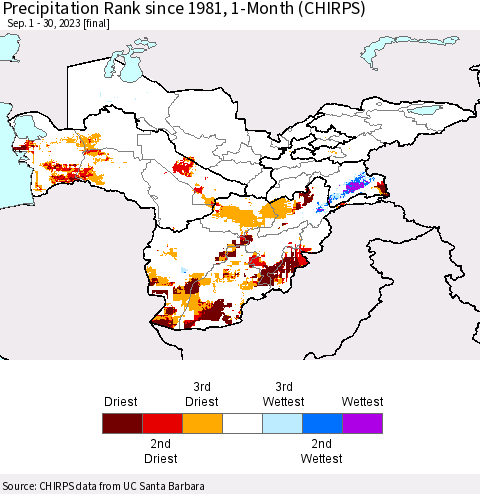 Central Asia Precipitation Rank since 1981, 1-Month (CHIRPS) Thematic Map For 9/1/2023 - 9/30/2023