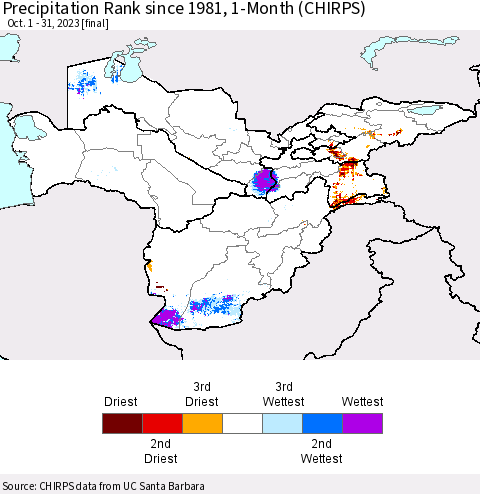 Central Asia Precipitation Rank since 1981, 1-Month (CHIRPS) Thematic Map For 10/1/2023 - 10/31/2023