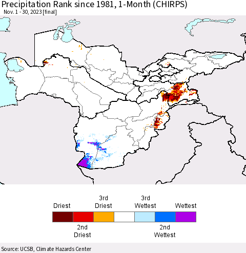 Central Asia Precipitation Rank since 1981, 1-Month (CHIRPS) Thematic Map For 11/1/2023 - 11/30/2023