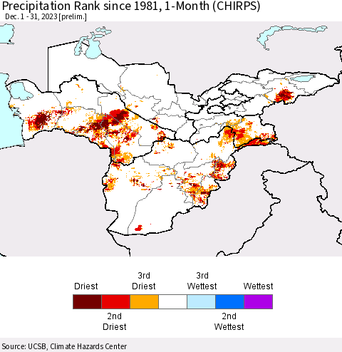 Central Asia Precipitation Rank since 1981, 1-Month (CHIRPS) Thematic Map For 12/1/2023 - 12/31/2023