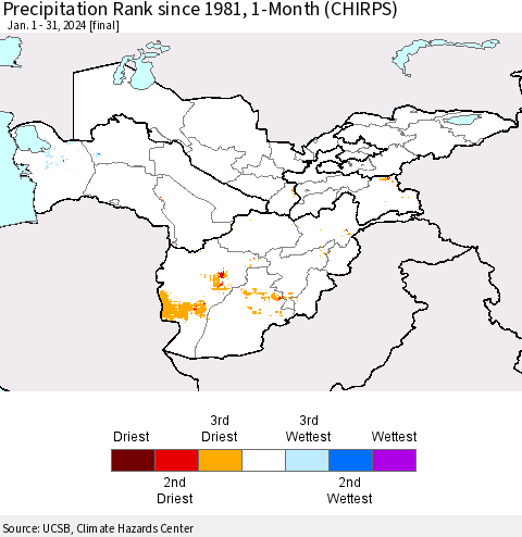 Central Asia Precipitation Rank since 1981, 1-Month (CHIRPS) Thematic Map For 1/1/2024 - 1/31/2024