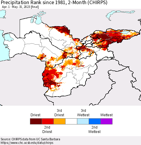Central Asia Precipitation Rank since 1981, 2-Month (CHIRPS) Thematic Map For 4/1/2023 - 5/31/2023
