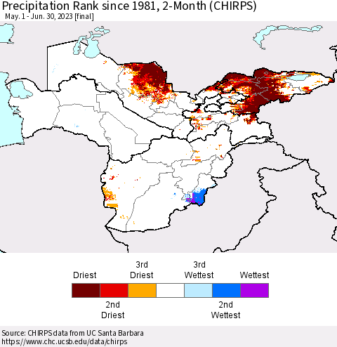 Central Asia Precipitation Rank since 1981, 2-Month (CHIRPS) Thematic Map For 5/1/2023 - 6/30/2023