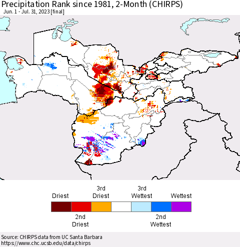 Central Asia Precipitation Rank since 1981, 2-Month (CHIRPS) Thematic Map For 6/1/2023 - 7/31/2023