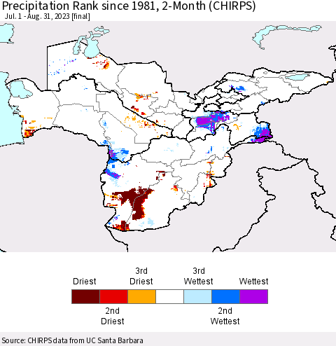 Central Asia Precipitation Rank since 1981, 2-Month (CHIRPS) Thematic Map For 7/1/2023 - 8/31/2023