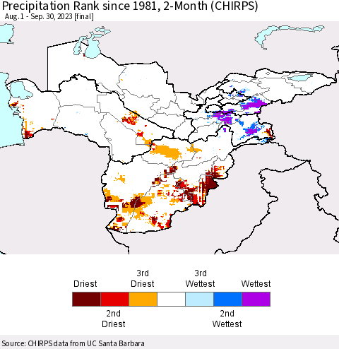 Central Asia Precipitation Rank since 1981, 2-Month (CHIRPS) Thematic Map For 8/1/2023 - 9/30/2023