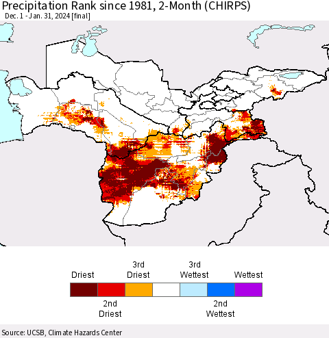 Central Asia Precipitation Rank since 1981, 2-Month (CHIRPS) Thematic Map For 12/1/2023 - 1/31/2024