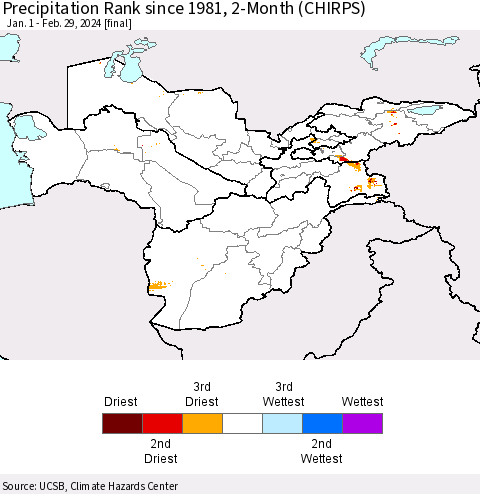 Central Asia Precipitation Rank since 1981, 2-Month (CHIRPS) Thematic Map For 1/1/2024 - 2/29/2024