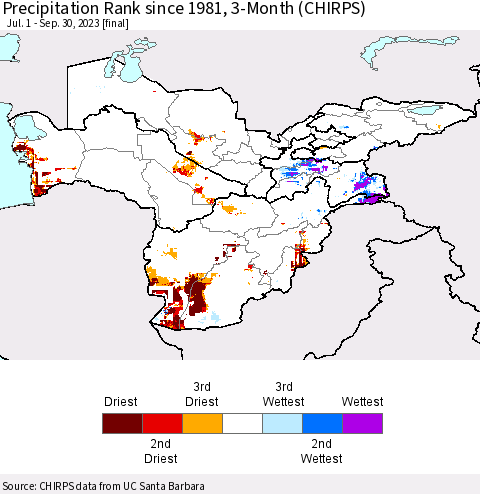 Central Asia Precipitation Rank since 1981, 3-Month (CHIRPS) Thematic Map For 7/1/2023 - 9/30/2023