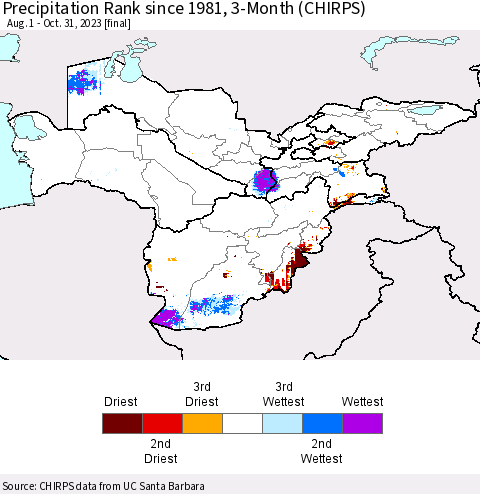 Central Asia Precipitation Rank since 1981, 3-Month (CHIRPS) Thematic Map For 8/1/2023 - 10/31/2023