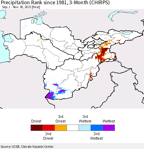Central Asia Precipitation Rank since 1981, 3-Month (CHIRPS) Thematic Map For 9/1/2023 - 11/30/2023