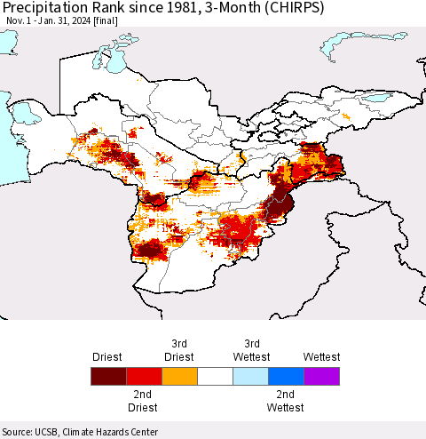 Central Asia Precipitation Rank since 1981, 3-Month (CHIRPS) Thematic Map For 11/1/2023 - 1/31/2024