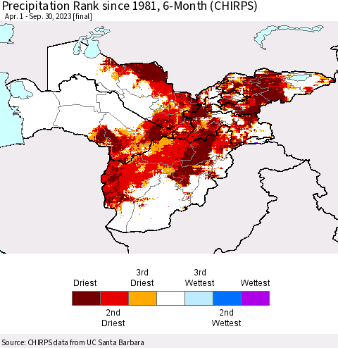 Central Asia Precipitation Rank since 1981, 6-Month (CHIRPS) Thematic Map For 4/1/2023 - 9/30/2023