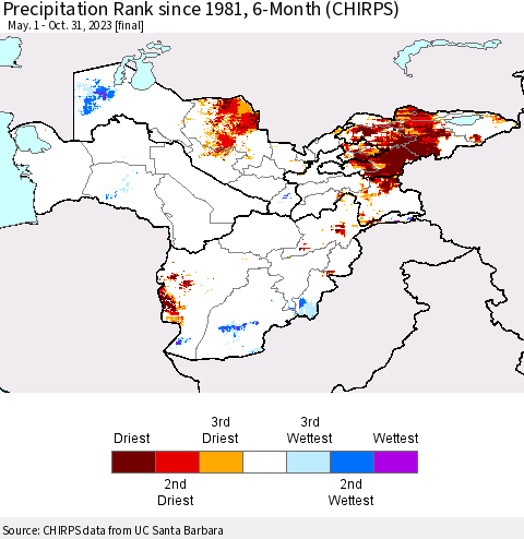 Central Asia Precipitation Rank since 1981, 6-Month (CHIRPS) Thematic Map For 5/1/2023 - 10/31/2023