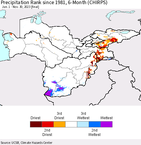 Central Asia Precipitation Rank since 1981, 6-Month (CHIRPS) Thematic Map For 6/1/2023 - 11/30/2023