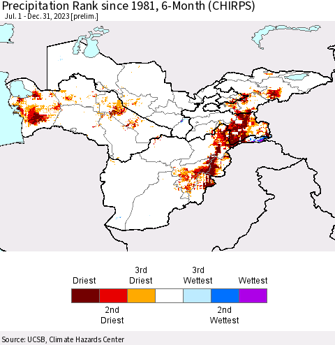 Central Asia Precipitation Rank since 1981, 6-Month (CHIRPS) Thematic Map For 7/1/2023 - 12/31/2023