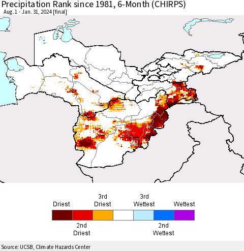 Central Asia Precipitation Rank since 1981, 6-Month (CHIRPS) Thematic Map For 8/1/2023 - 1/31/2024