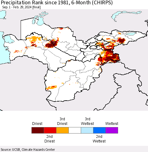 Central Asia Precipitation Rank since 1981, 6-Month (CHIRPS) Thematic Map For 9/1/2023 - 2/29/2024