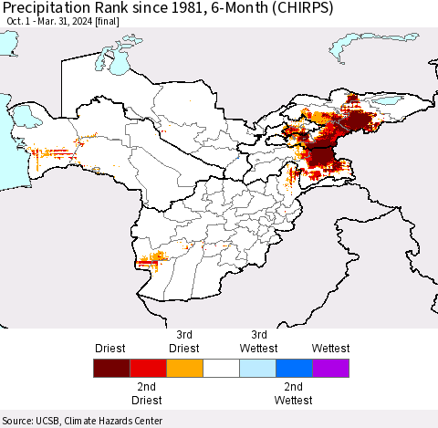 Central Asia Precipitation Rank since 1981, 6-Month (CHIRPS) Thematic Map For 10/1/2023 - 3/31/2024