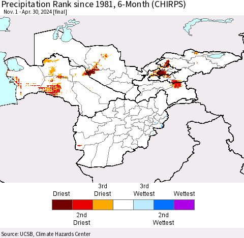 Central Asia Precipitation Rank since 1981, 6-Month (CHIRPS) Thematic Map For 11/1/2023 - 4/30/2024