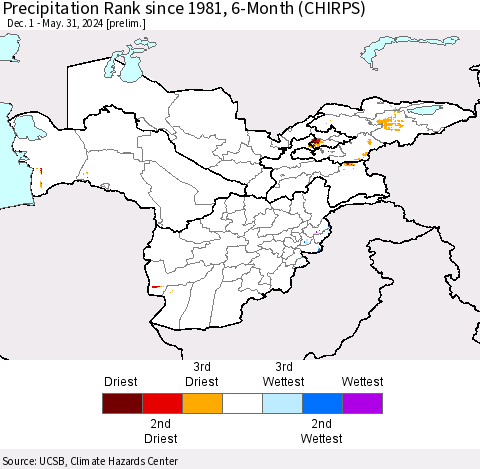 Central Asia Precipitation Rank since 1981, 6-Month (CHIRPS) Thematic Map For 12/1/2023 - 5/31/2024