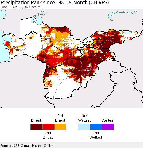 Central Asia Precipitation Rank since 1981, 9-Month (CHIRPS) Thematic Map For 4/1/2023 - 12/31/2023