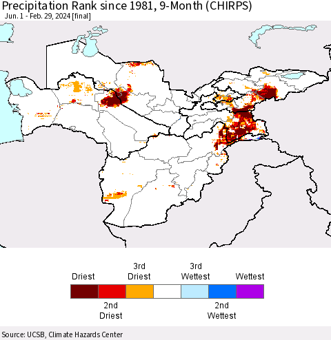 Central Asia Precipitation Rank since 1981, 9-Month (CHIRPS) Thematic Map For 6/1/2023 - 2/29/2024