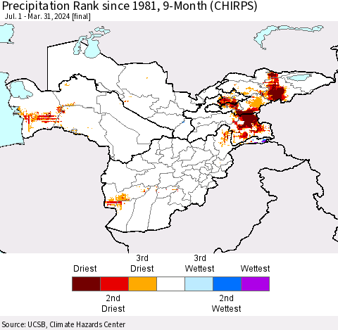 Central Asia Precipitation Rank since 1981, 9-Month (CHIRPS) Thematic Map For 7/1/2023 - 3/31/2024