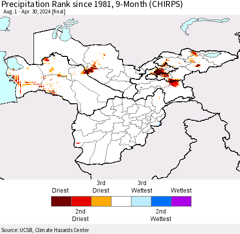 Central Asia Precipitation Rank since 1981, 9-Month (CHIRPS) Thematic Map For 8/1/2023 - 4/30/2024