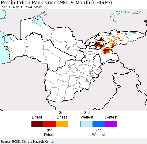 Central Asia Precipitation Rank since 1981, 9-Month (CHIRPS) Thematic Map For 9/1/2023 - 5/31/2024