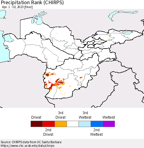 Central Asia Precipitation Rank since 1981 (CHIRPS) Thematic Map For 4/1/2023 - 4/10/2023