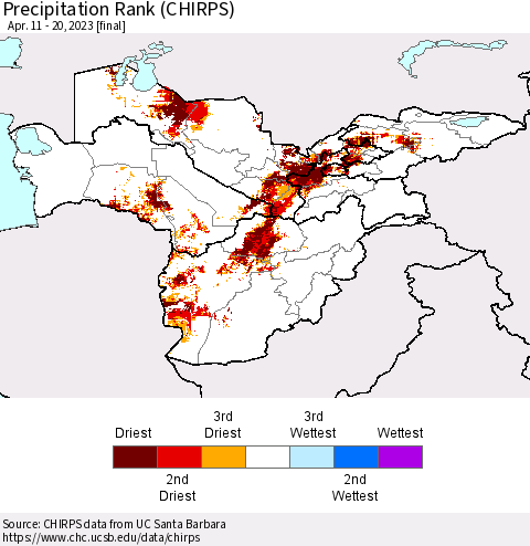 Central Asia Precipitation Rank since 1981 (CHIRPS) Thematic Map For 4/11/2023 - 4/20/2023