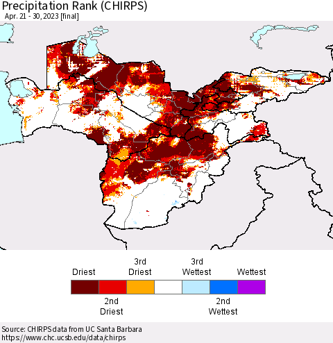 Central Asia Precipitation Rank since 1981 (CHIRPS) Thematic Map For 4/21/2023 - 4/30/2023