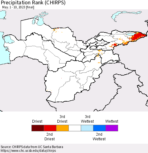 Central Asia Precipitation Rank since 1981 (CHIRPS) Thematic Map For 5/1/2023 - 5/10/2023
