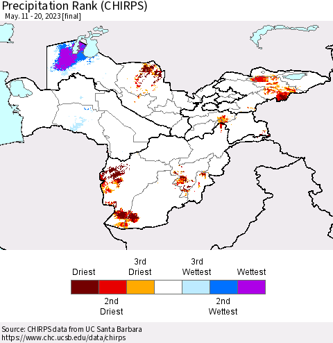 Central Asia Precipitation Rank since 1981 (CHIRPS) Thematic Map For 5/11/2023 - 5/20/2023