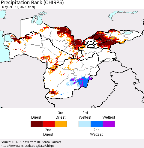 Central Asia Precipitation Rank since 1981 (CHIRPS) Thematic Map For 5/21/2023 - 5/31/2023