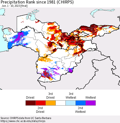 Central Asia Precipitation Rank since 1981 (CHIRPS) Thematic Map For 6/1/2023 - 6/10/2023