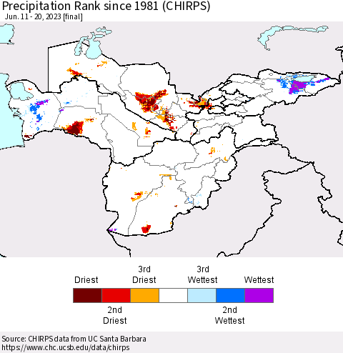 Central Asia Precipitation Rank since 1981 (CHIRPS) Thematic Map For 6/11/2023 - 6/20/2023