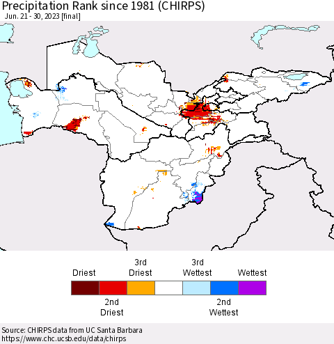 Central Asia Precipitation Rank since 1981 (CHIRPS) Thematic Map For 6/21/2023 - 6/30/2023